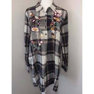 Kyla Seo Anthropologie embroidered floral plaid tunic shirt dress M
